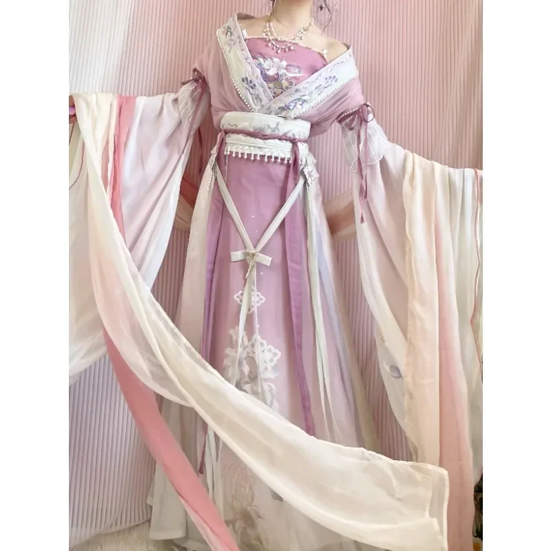 

Chinese Flower Embroidery Pearl Tassel Fairy Dance Stage Costumes Women WeiJin Dynasty Folk Princess Cospaly Hanfu Dresses XL