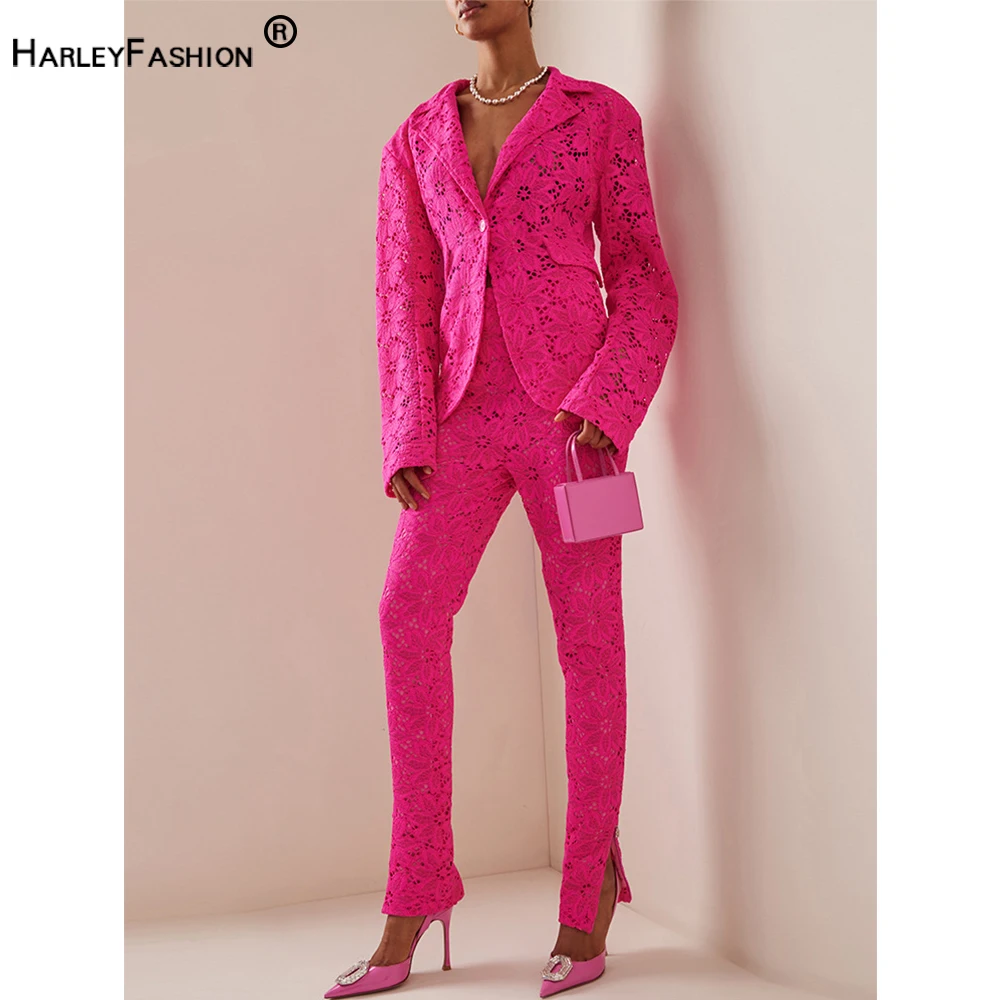 

Rose Red Hollow Floral Lace Single Button Fashion Blazer Pencil Pants Casual Women Suit 2 Pcs Coat Trousers Set