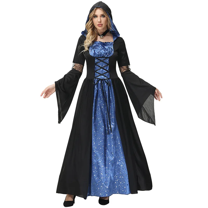

Umorden Halloween Blue Sky and Star Moonlight Sorceress Costume for Adult Women Hoodie Long Dress