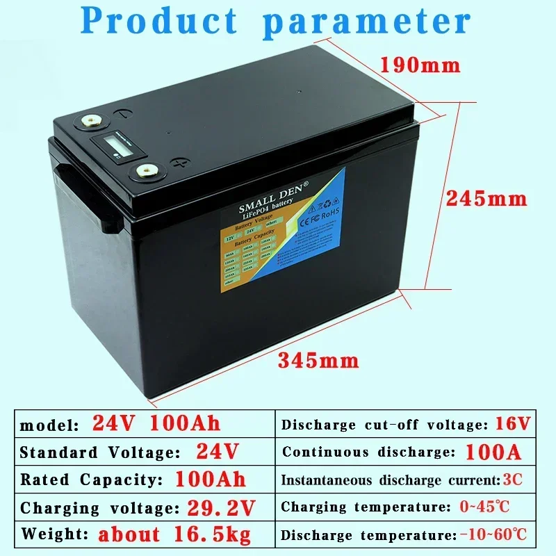 24V 100ah Lifepo4 battery pack with built-in BMS 0-2400W 8S1P 12.8V electric boat starter, motorcycle golf rechargeable battery