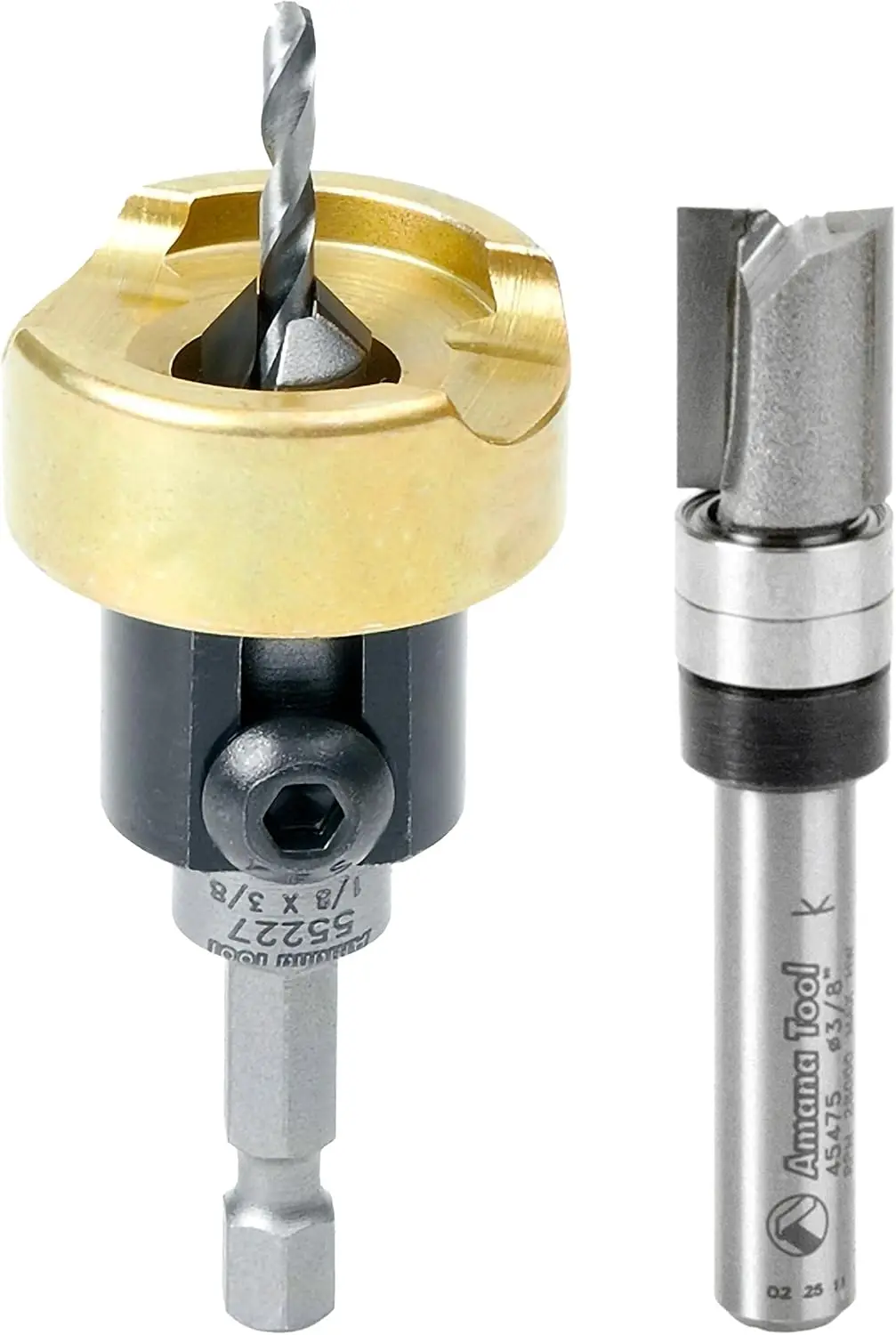 55227 82 Degree Countersink Drill with Depth Stop and 45475-S Flush Trim Plunge Template Router Bit with 2 Upper Ball Bearings, 2-Piece Set