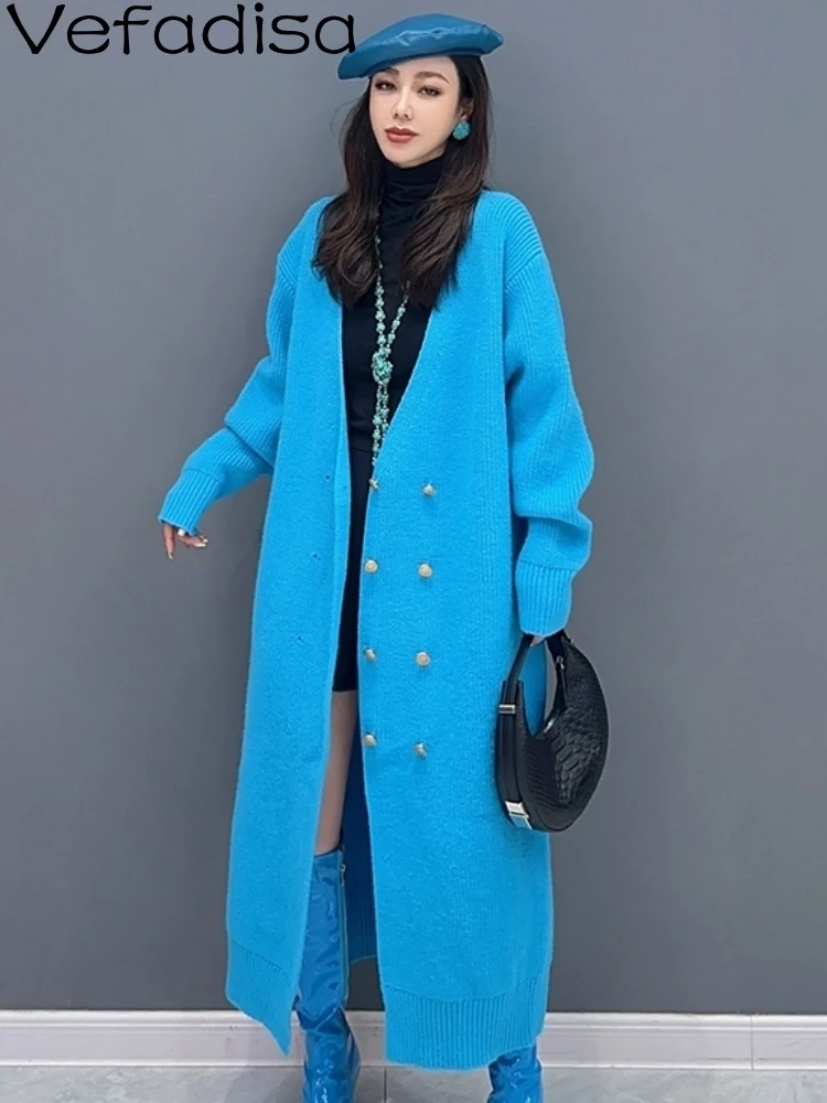 Vefadisa 2024 Autumn Winter New Blue Women Sweater Cardigan V-neck Long Sleeve Cardigan Temperament All Match Coat ZXY782A