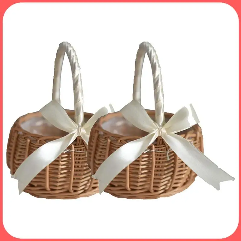 

A76I-2Pcs Woven Flower Basket Rattan Storage Basket Flower Girl Hand Basket Handmade Flower Basket With Bow