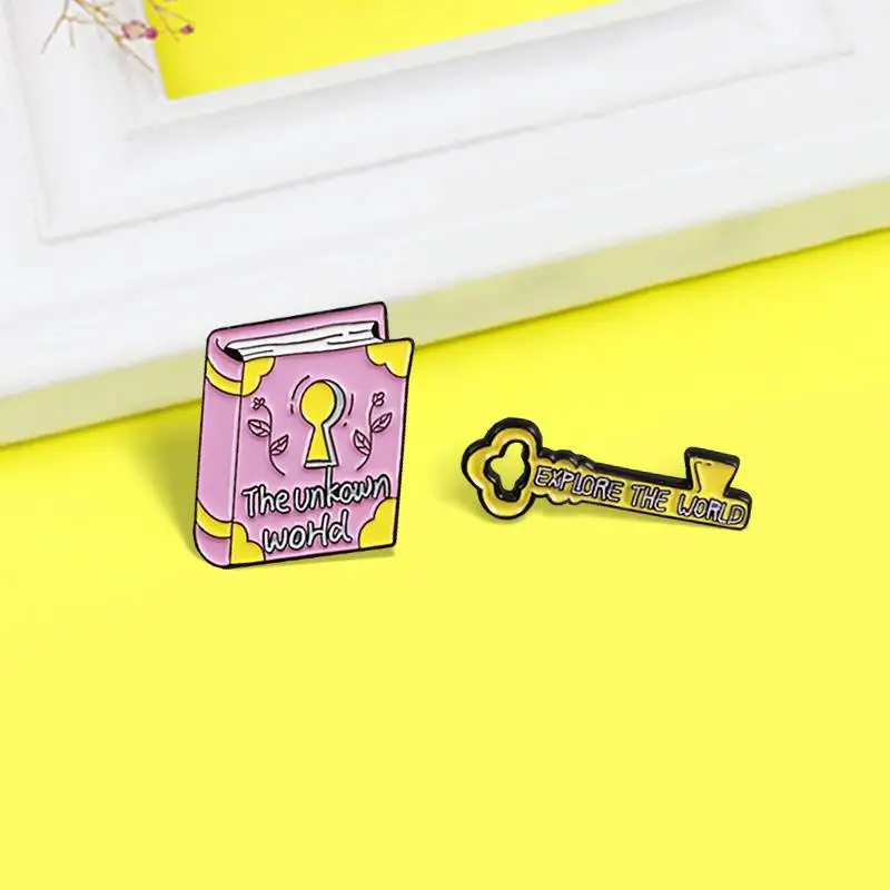 Enamel Pin for Kids, Magic Books and Key, Open the Knowledge Brooches, Lapel Jewelry, Explore the World, The Unkown World