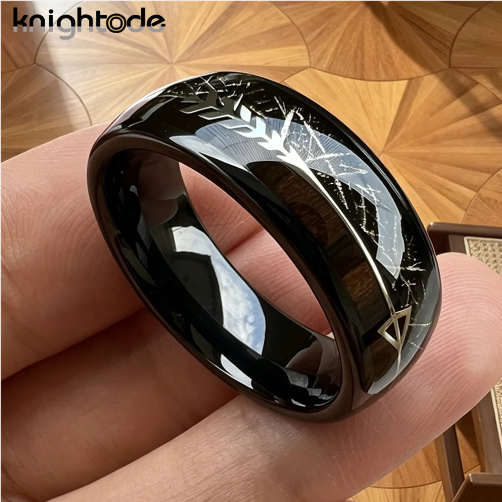 Black Meteorite/Koa Wood Unique Texture Inlay Tungsten Carbide Ring For 8mm Men Women Wedding Slivery Arrow Dome Polished