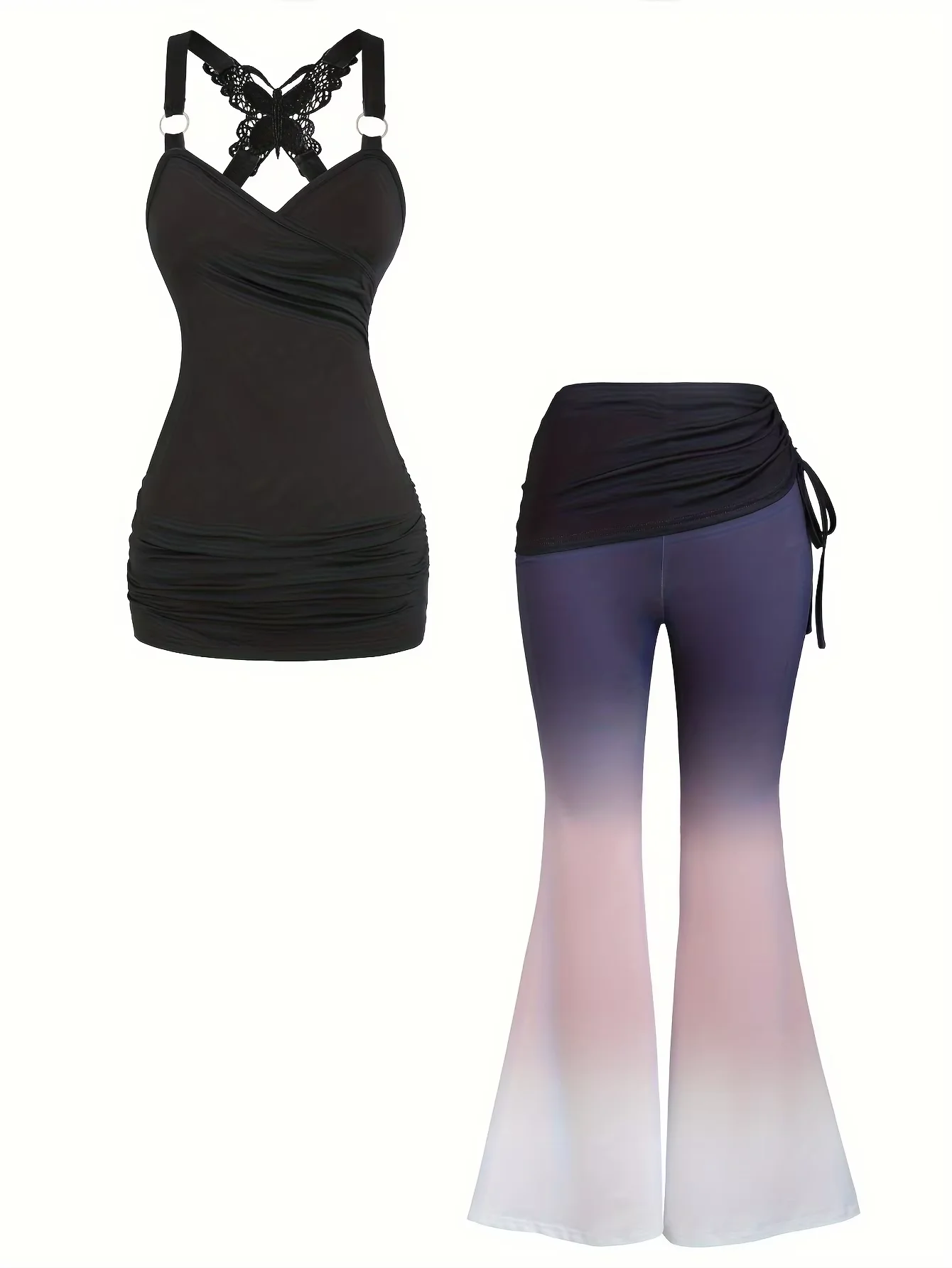 

Костюм-двойка: топ с кружевными вставками и брюки с широкими штанинами на завязках, европейско-американский модный новый стиль