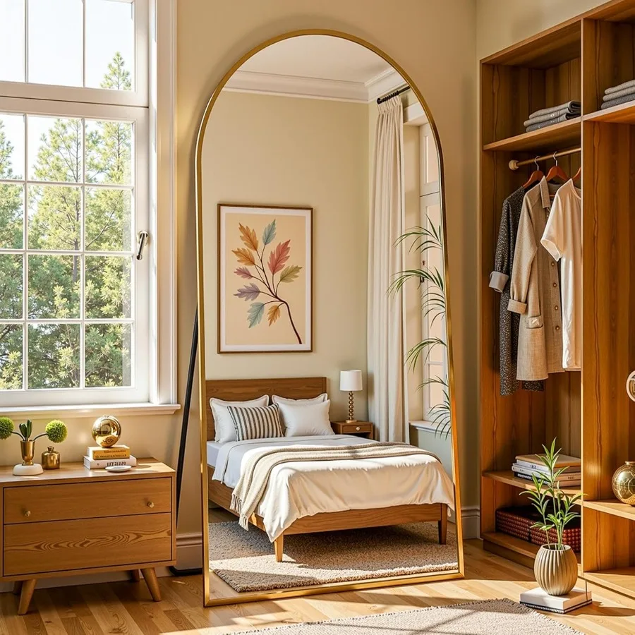 Cermin Panjang 72x32 Cermin Tubuh Utuh Berbentuk Lengkung dengan Bingkai Emas Elegan Cermin Lantai Ukuran Besar untuk Kamar Tidur Ruang Ganti Ruang Pakaian