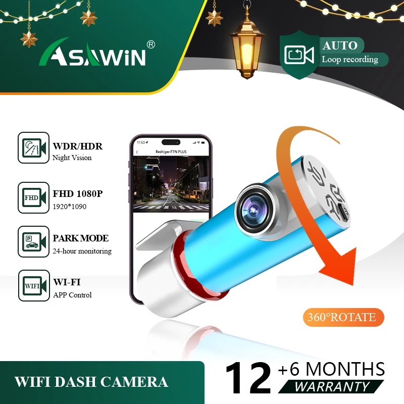 WIFI Dash Cam HD 1080P car camera Asawin S35 application controls  night vision 24H Park Mode Loop recording