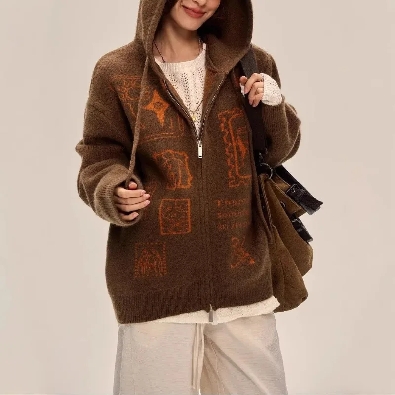 American Retro Harajuku High Street Zip Up Hoodie for Women Autumn Winter Fashion Knit Sweater Korean Loose Hooded Jacket Coat