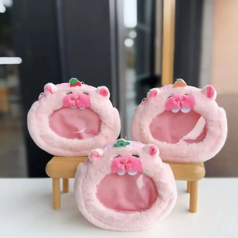 Ciondolo per bambola di peluche Capybara di peluche Portafoglio Zero Portafoglio in peluche Capybara di cartone animato rosa Borsa per badge trasparente creativa morbida per esterni