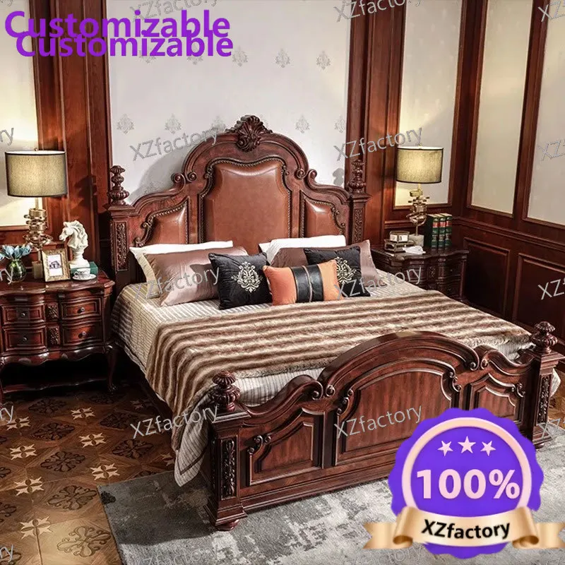 Factory Direct 2026 Top RatedAmerican solid wood bed rural retro master bedroom 1.8/2 meters bed walnut color European carved do