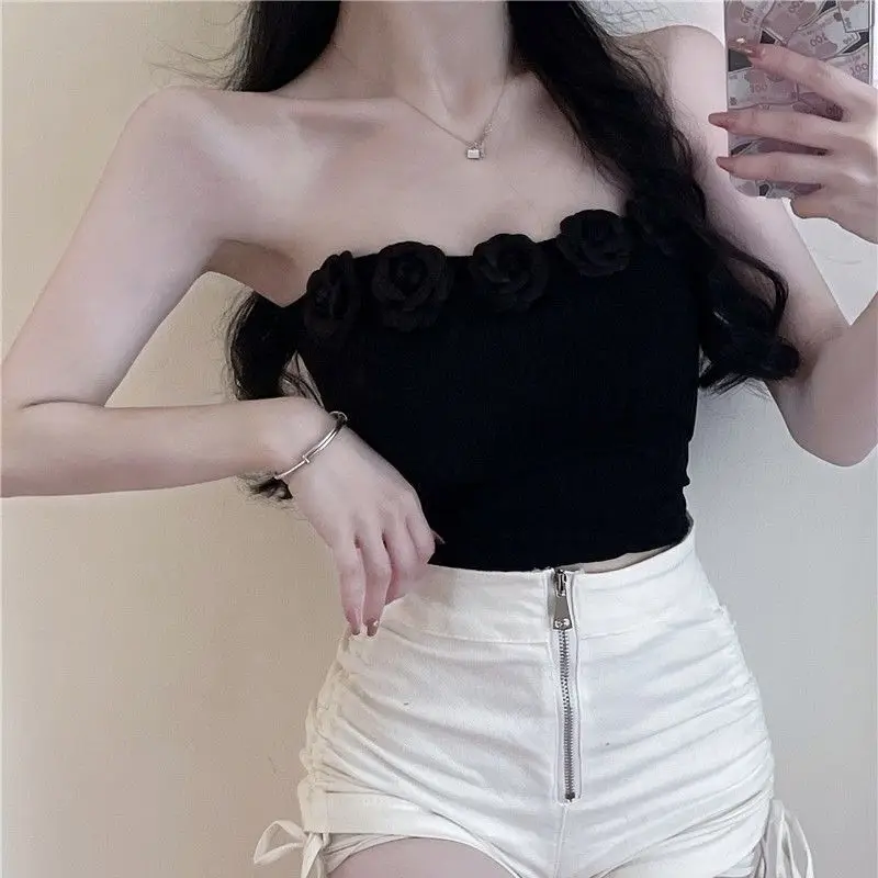 

3D floral camisole, elastic knit strapless top, sexy top with off shoulder base for spicy girls