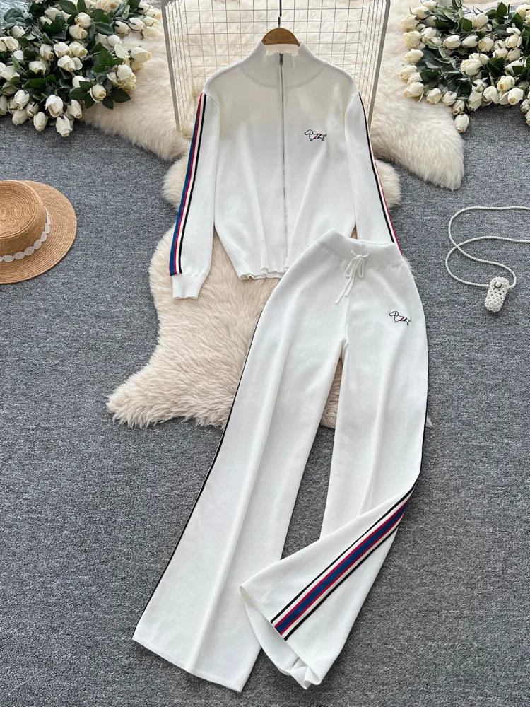 

Faionable Korean Sle Knitted Set Women's Autumn Loose Fit Stand Collar Zipper Long Sve Top High Waist Wide Leg Pants