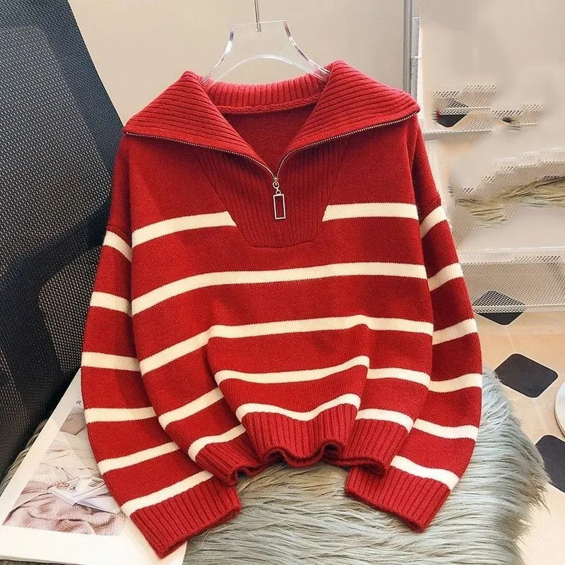 Rasa tinggi wanita longgar sweater Fit Pullover Korea baru wanita pakaian rajut bergaris musim gugur musim dingin wanita rajut lengan panjang