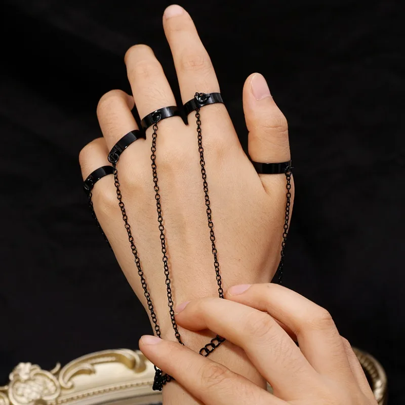 Punk Finger Chains Ring Women Long Adjustable Decorative Hand Black Cool Bracelet Rings Girls Personalized Jewelry Accessories