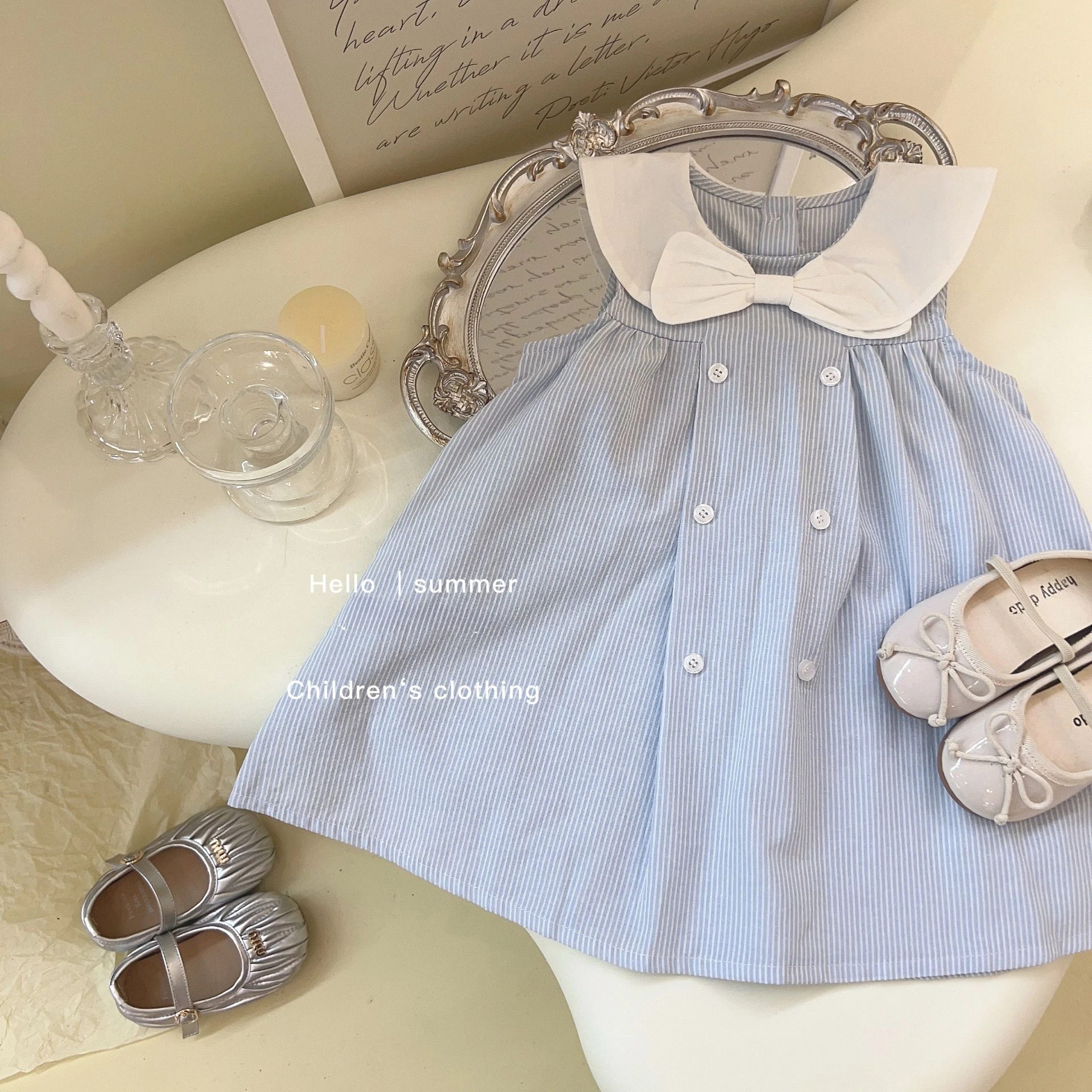 Sleeveless Childrens Clothing 2024 Summer Fashionable Dress Girl Doll Neck Bow Blue Striped Princess Skirt