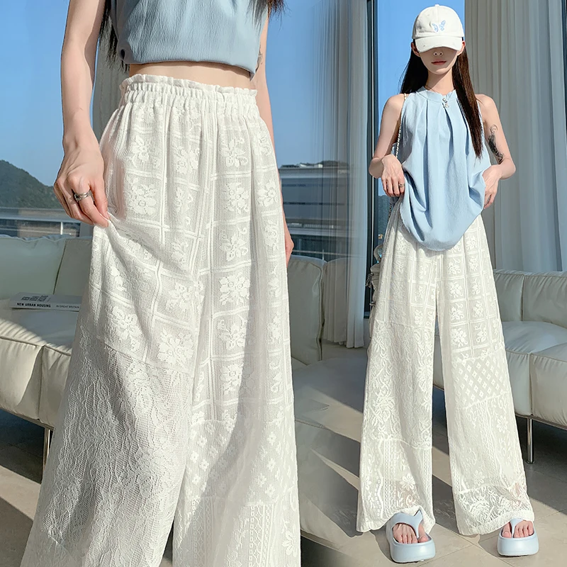 White Embroidered Lace Mesh Draped Elastic Waist Wide Leg Pants High Waist Slimming Casual Long Pants Korean Style Simple Pur...