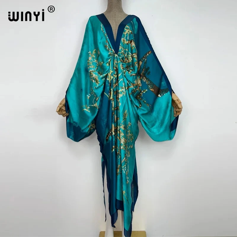 WINYI New Fashion Bohemian Deep V-neck Floral europea For Lady Free Size Loose Batwing Holiday Beach cover up Party Kaftan Dress