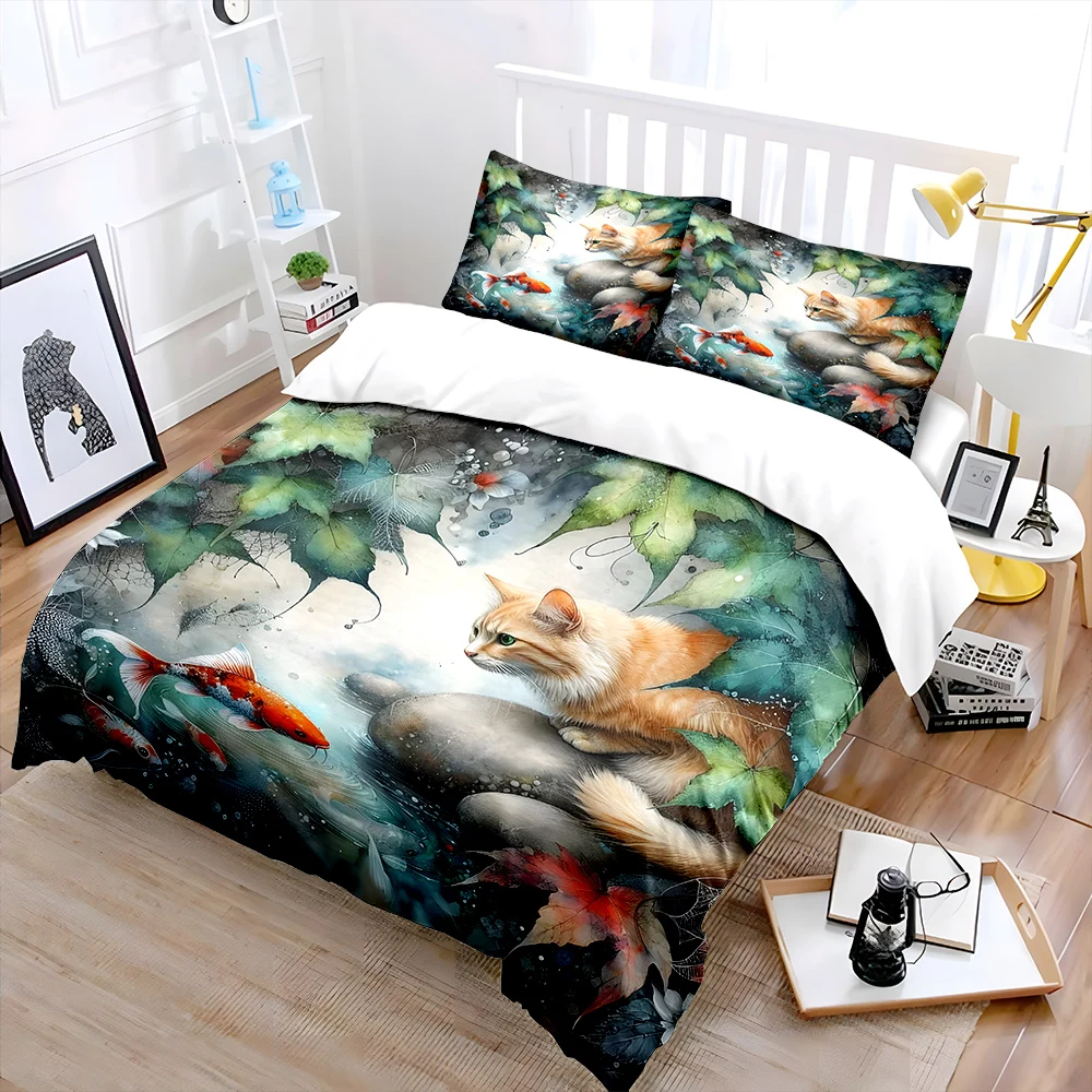 Cat watching koi pond Print Soft Comfortable Duvet Cover Bedding Set Included 1*Duvet Cover  2*Pillowcases Luxury gifts