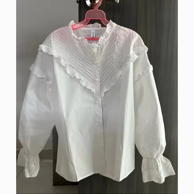 Autumn New Vintage Long Sleeve Lace Blouse Sweet Hollow Out Lace Up Loose Button Blouses Elegant Ruffle Women's Shirt 9580