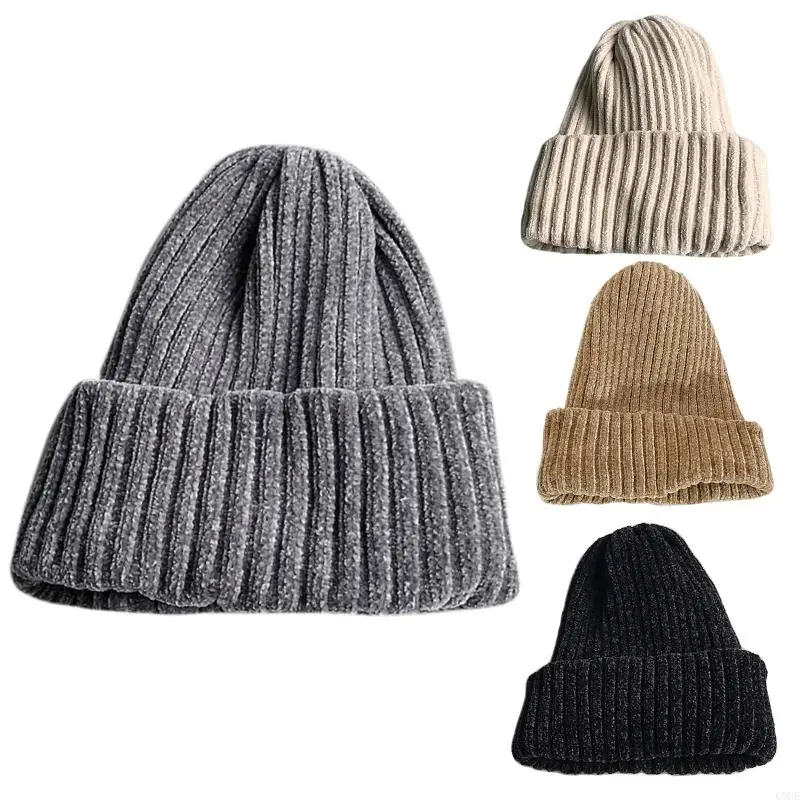 C9GE Winter Beanie Hat for Women Warm Cozy Ribbed Knitted Harajuku Hip Hop Chenille Stretchy Solid Cuffed Skull