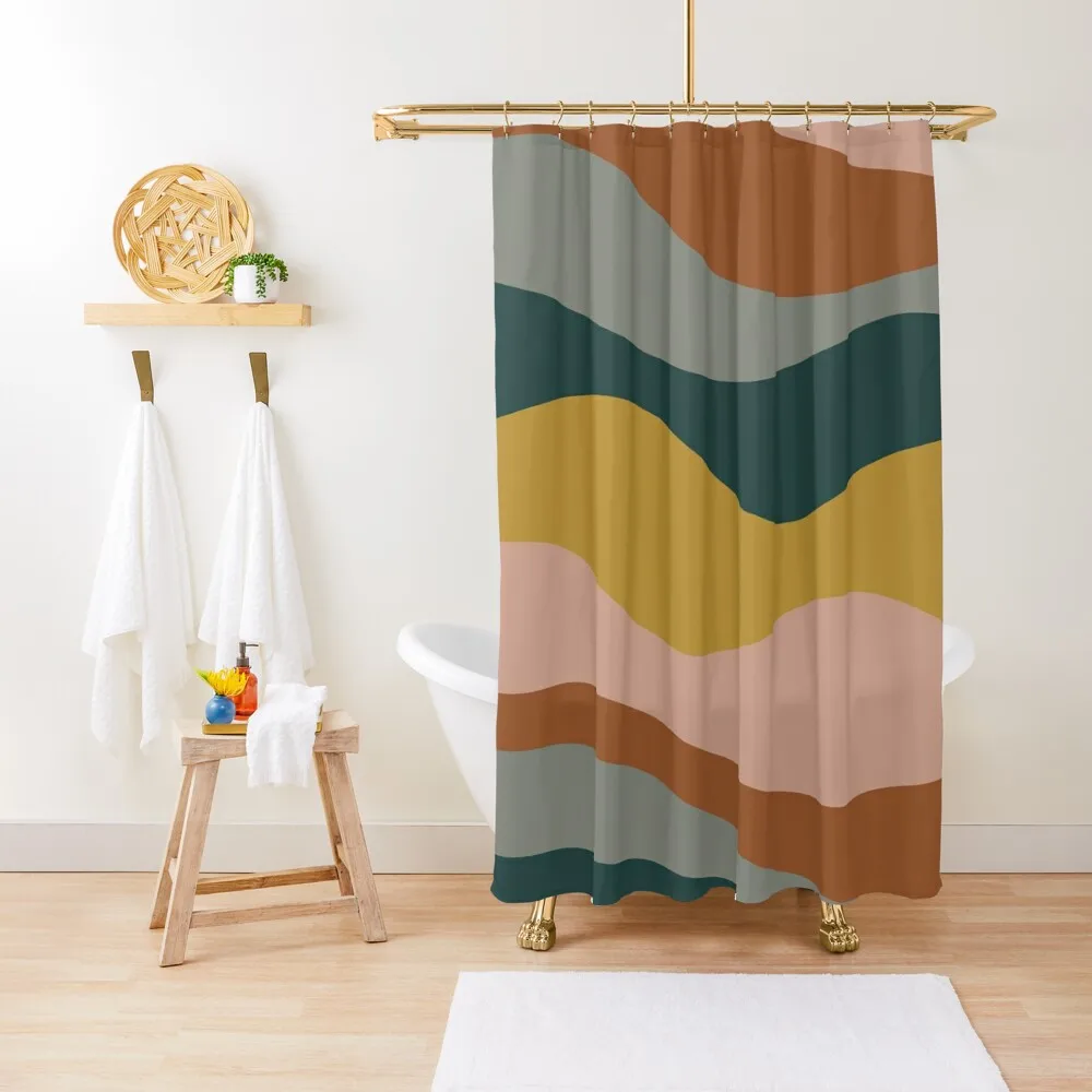 Retro Waves Minimalist Pattern Rust, Blush Pink, Gray, Navy Blue, and Mustard Gold Shower Curtain Elegant Bathroom Curtain