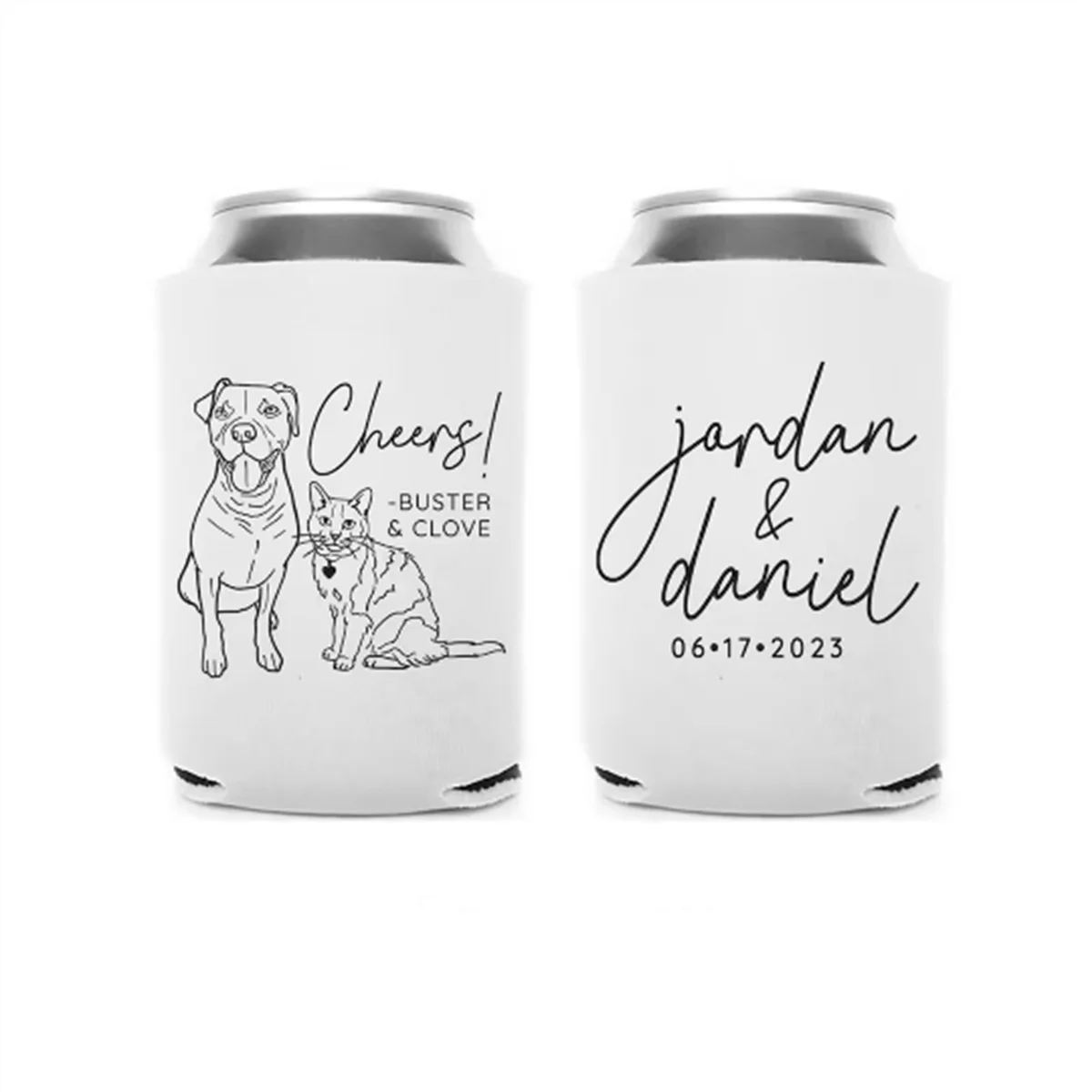 

Wedding Can Cooler #213R - Custom Pet Illustration - Cheers - Wedding Favors, Beverage Holder, Wedding Favor, Can Holder, Can In