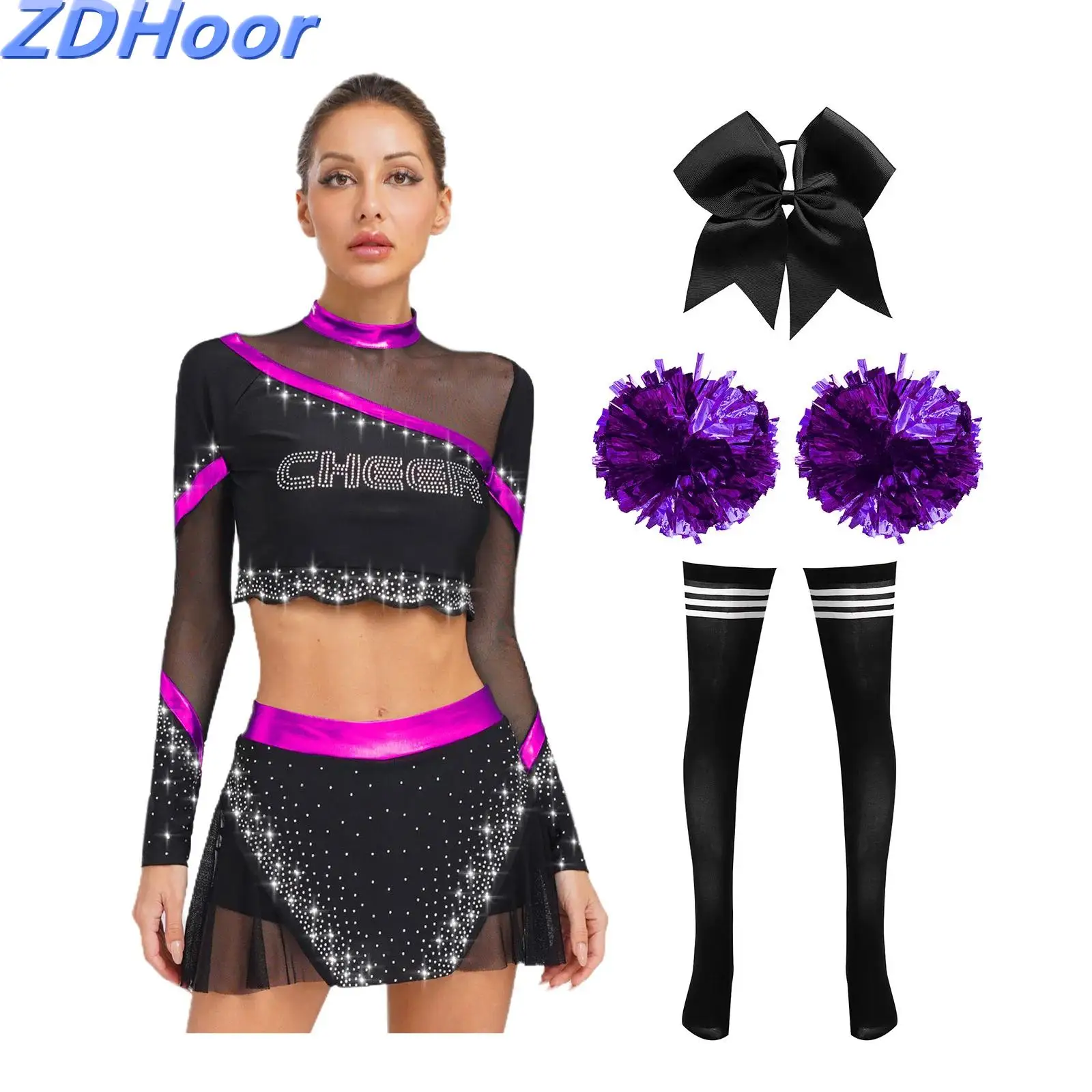 

Womens Cheerleading Outfit Rhinestone Long Sleeve Crop Tops with Skirt Striped Socks Flower Ball And Bow Hairband Set for Stage