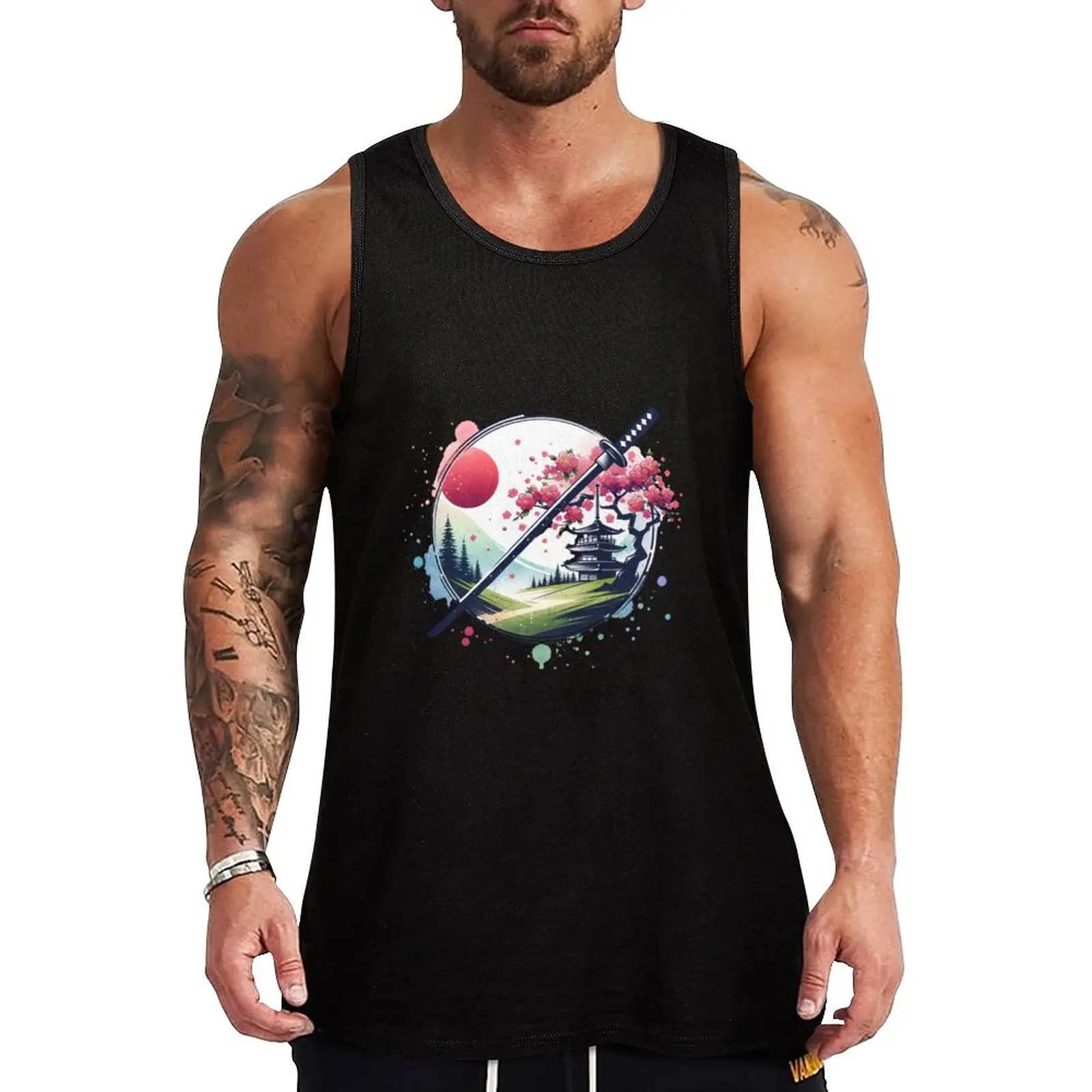 Japanese landscape with katana, red sun, pagoda, cherry blossoms, modern style Tank Top Body man Sleeveless top