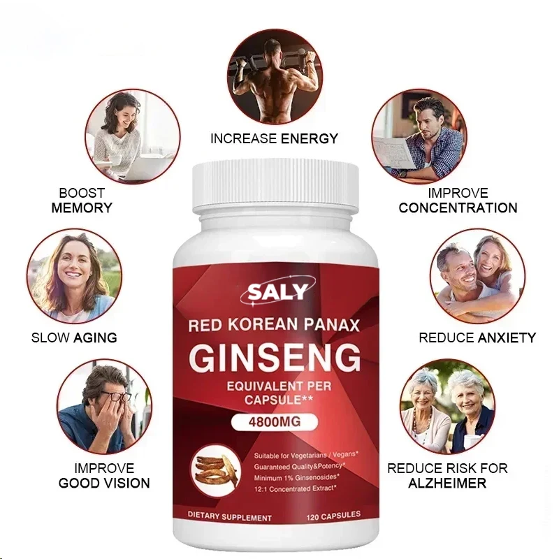 Premium Korean Red Ginseng 4,800 Mg 120 Vegetarian Capsules ( Month Supply) Non-gmo, Extract 12:1, Gluten-free Supplement