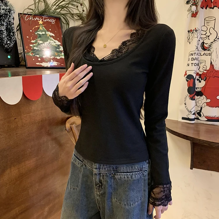 2026 Herbst Winter Damen T-Shirt Spitze Schlankes Basis-T-Shirt Elegantes Vielseitiges Strick-Layering-Oberteil mit Langen Ärmeln für Damen Neu eingetroffenes T-Shirt – Detail 13