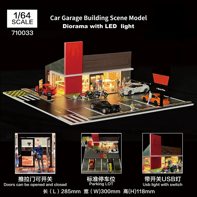 

Miniature Diorama 1/64 Car Garage Model LED Lighting City Street View Building Backdrop Display Landscape Parking Lot Scenery