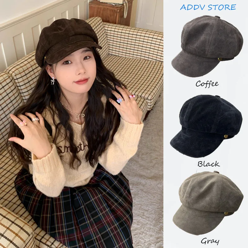 INS Vintage Suede Beret Octagonal Hats for Women Classic Beanies Cap Flat Brim Artist Berets Female Painter Cap Boinas Hombre