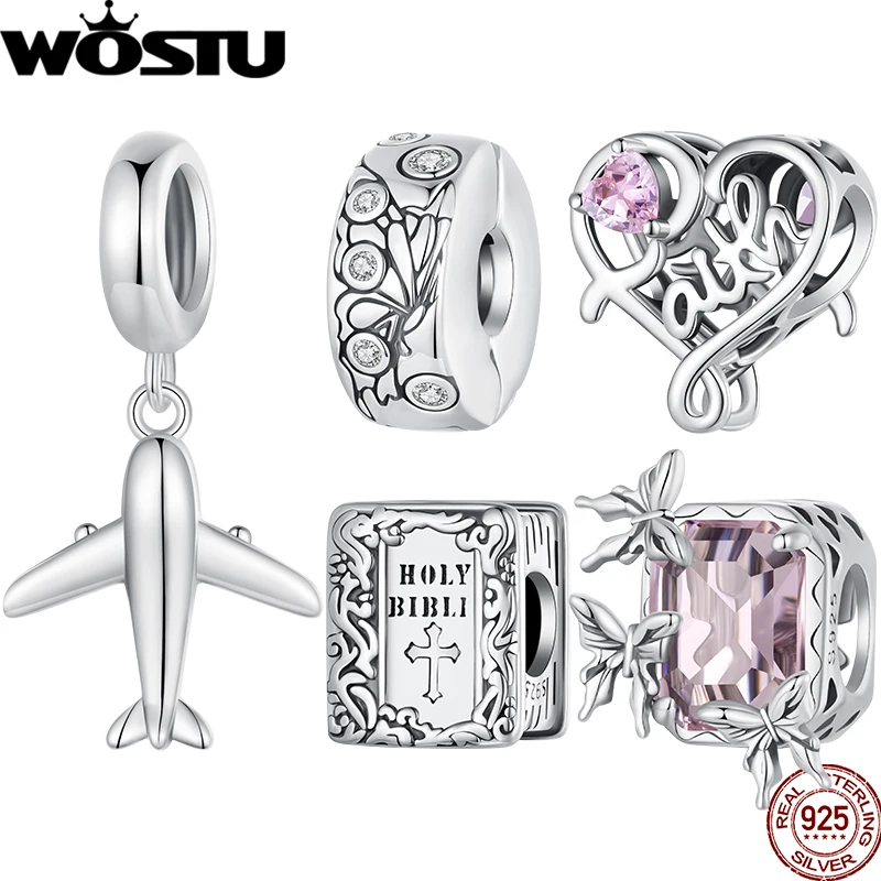 

WOSTU 925 Sterling Silver Retro Butterfly Stopper Buckle Square Bible Beads Pink Faith Charms Fit Original Bracelet DIY Gifts