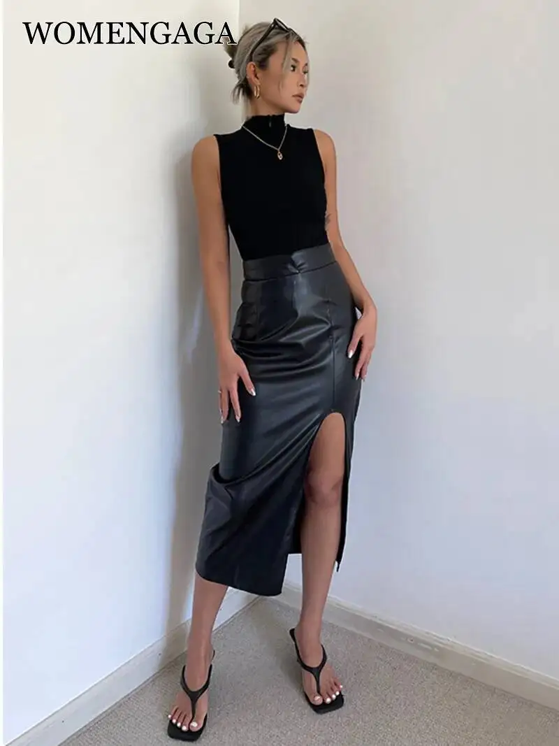 

Женская юбка из искусственной кожи с высокой талией и разрезом по бокам WOMENGAGA, весна/лето, асимметричная юбка-карандаш средней длины 761R