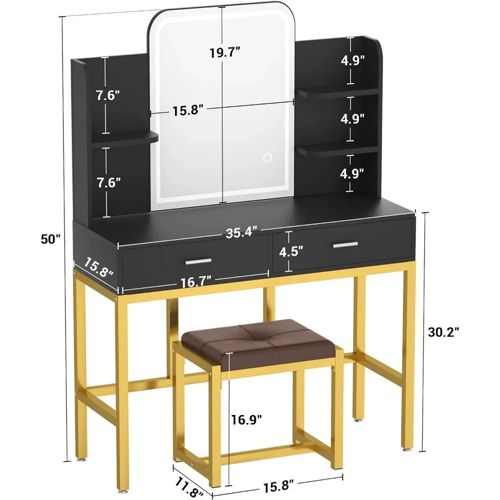 Mesa de vaidade com espelho iluminado por LED, vaidade de maquiagem com banco acolchoado, com 3 opções de iluminação colorida, com 2 gavetas de armazenamento