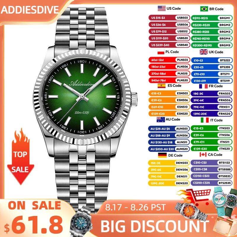 ADDIESDIVE Neue Uhr für Herren Sapphire AD2073 Luxus VH31 Quarz-Armbanduhr 36 mm Edelstahl wasserdicht 100 m leuchtende Uhren