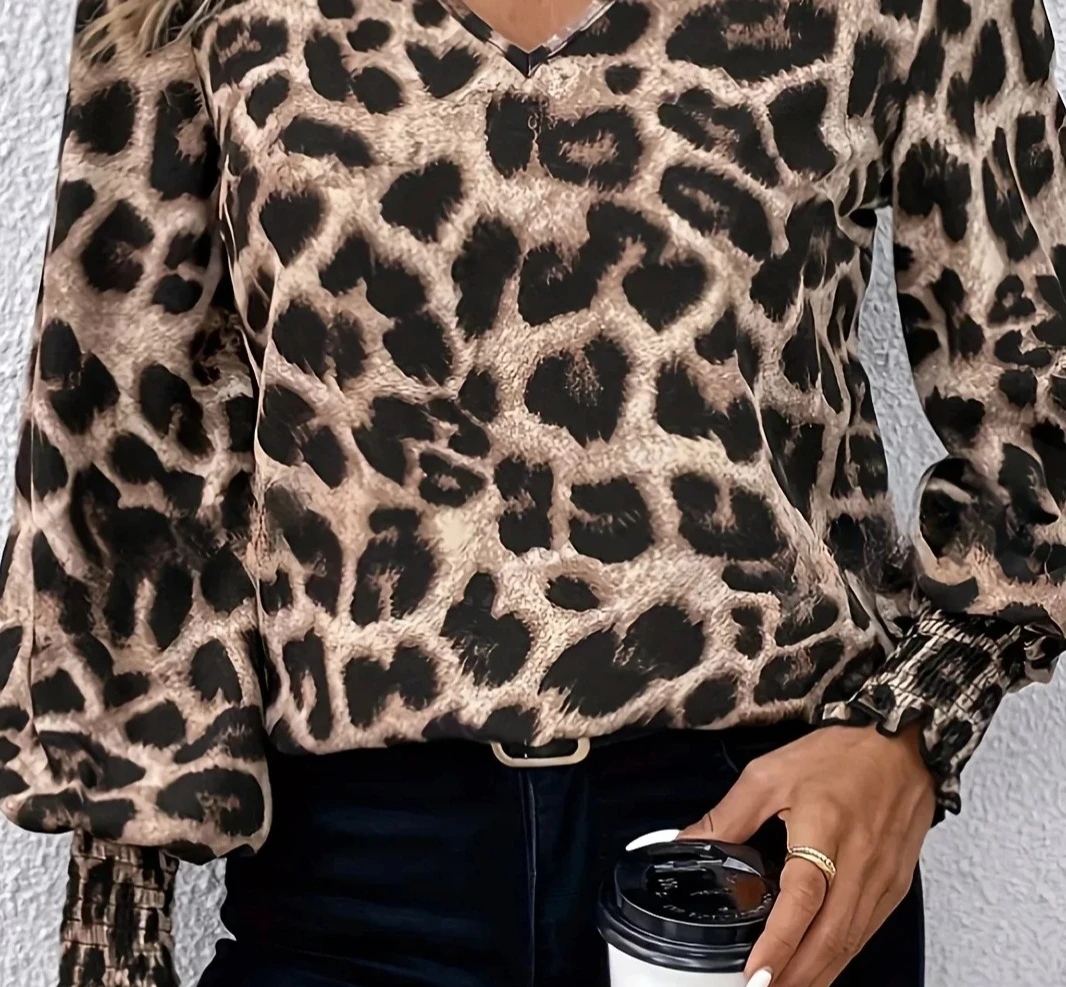 Amazon vêtements transfrontaliers pour femmes populaires col en v léopard glisse coupe ample longue Sl