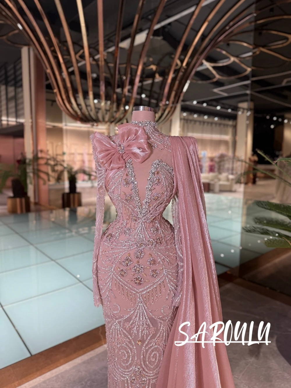 

Romantic Bow Dazzling Evening Dress Illusion Beaded Crystals Prom Gown With Long Cape Exquisite High Neck Cut Out Celebrity Wear