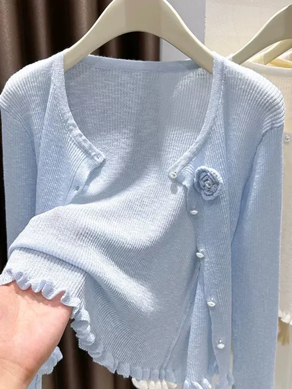 

Синий корейский тонкий вязаный кардиган из ледяного шелка для защиты от солнца, женский летний топ на бретельках, кружевной цветочный накидка-пляжный топ