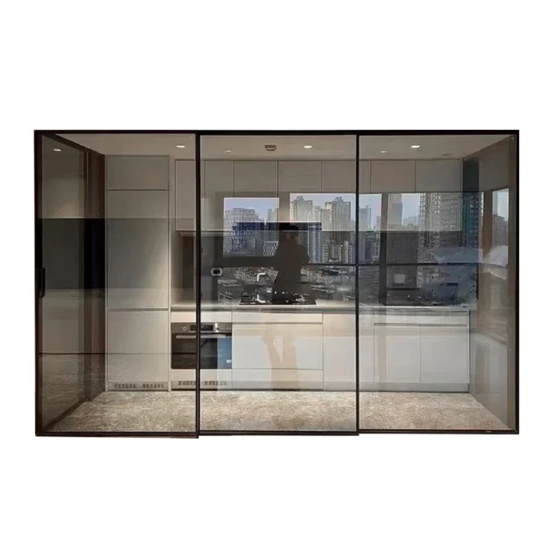 High-end extremely narrow kitchen sliding door three linkage light luxury aluminum alloy sound insulation