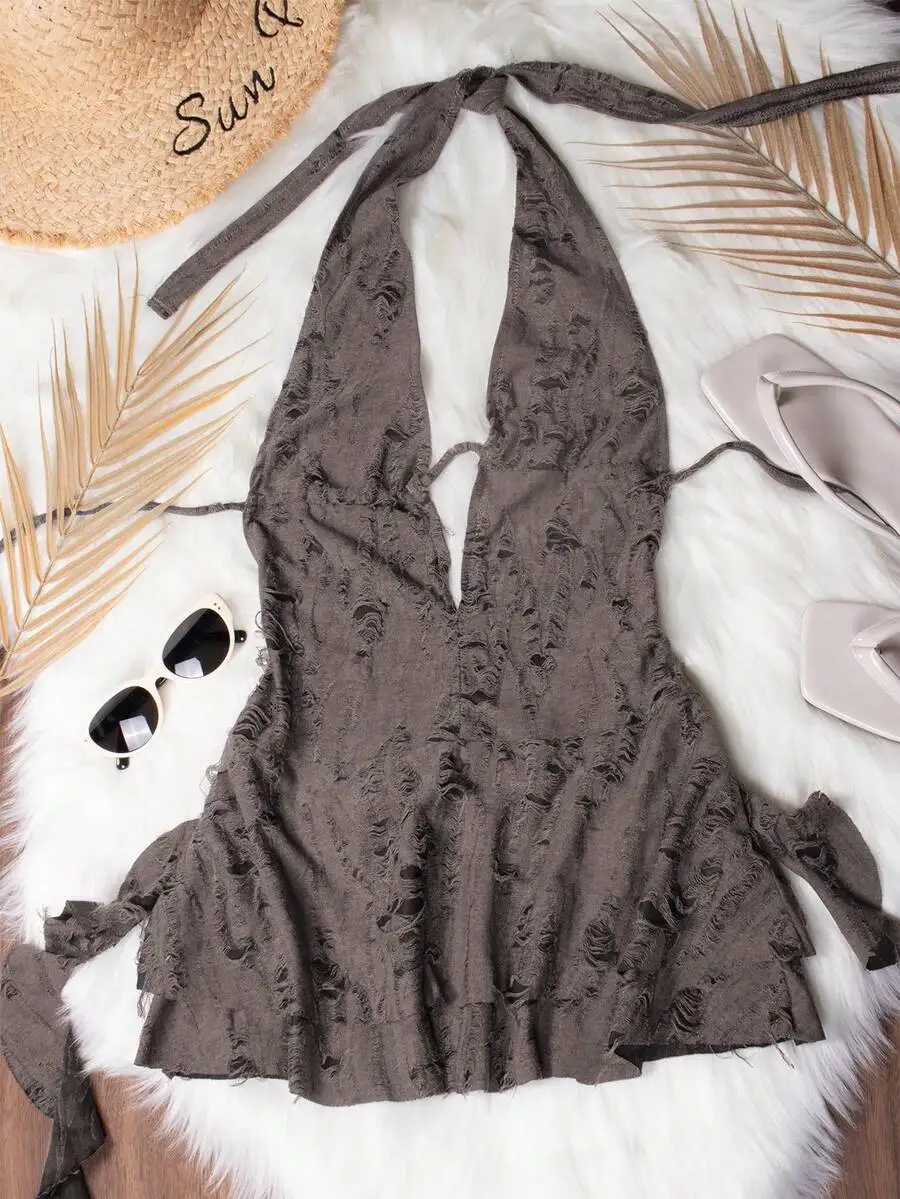 

Deep V Neck Backless Distressed Asymmetrical Mini Dress For Summer Party