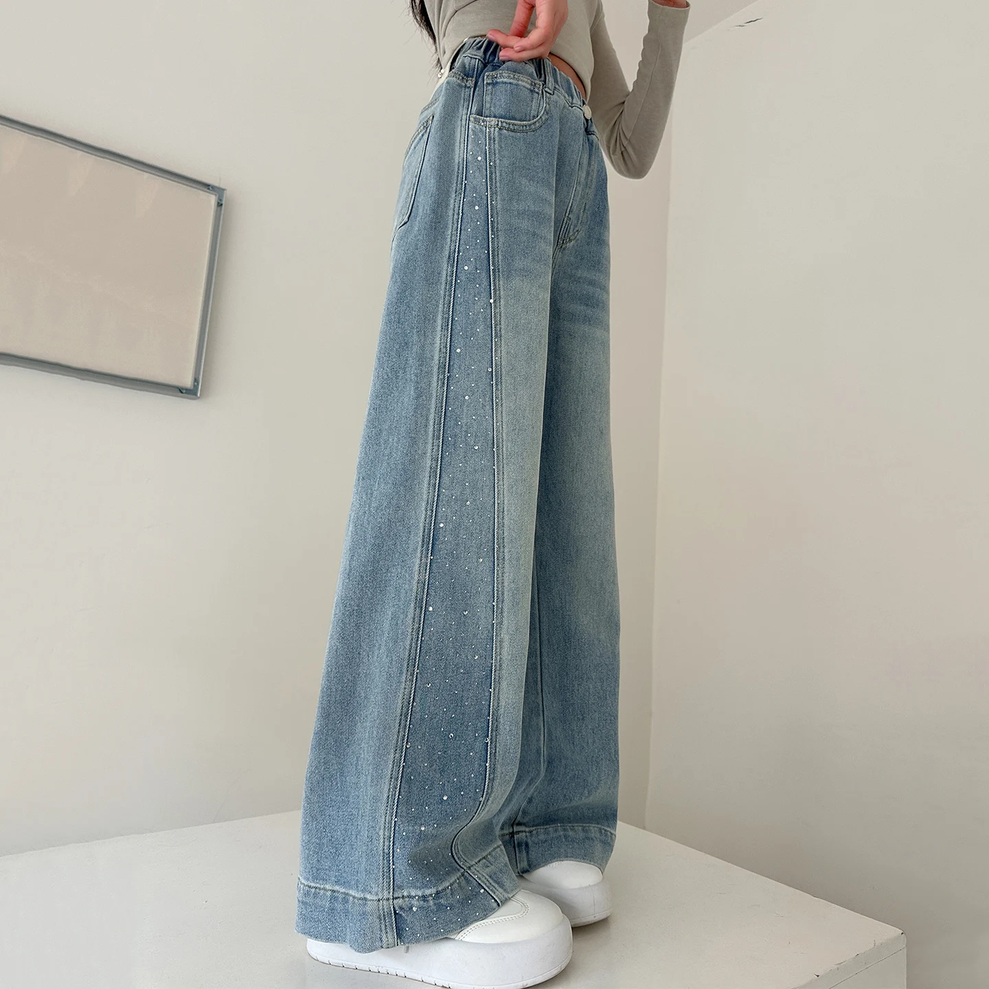 Teenage Girls Pants Fashion Spliced Design Floor Jeans Trousers Kids Wide-leg Denim Pants for 5 7 9 11 13 Years Children Bottoms