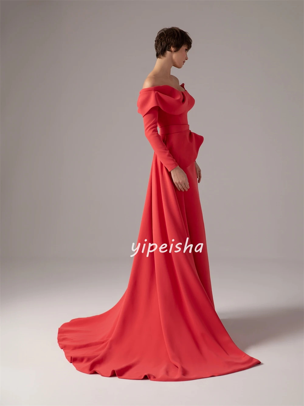 تخصيص جودة عالية أنيقة جيرسي وشاح Ruched ألف خط خارج على الكتف فساتين طويلة فساتين مناسبة مخصصة الأحجام المتاحة #4