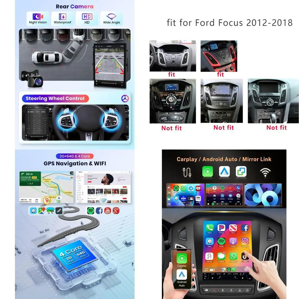 

4 ядра 2G + 64G Android 13 автомобильное стерео радио для Ford Focus 2012-2018, беспроводной Carplay Android auto GPS навигационное 5G-WiFi Blueto