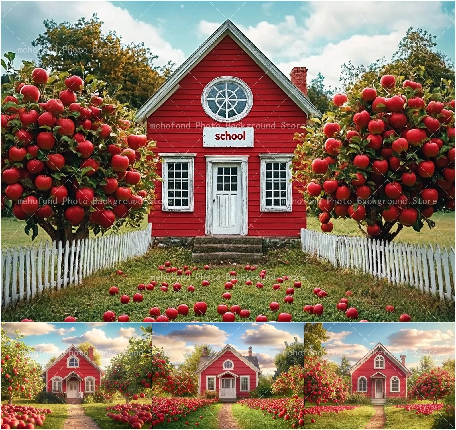 Mehofond Fantasy Fairy Tale Season Theme American Country Style Red School Building Apple Tree Kids Photography Background