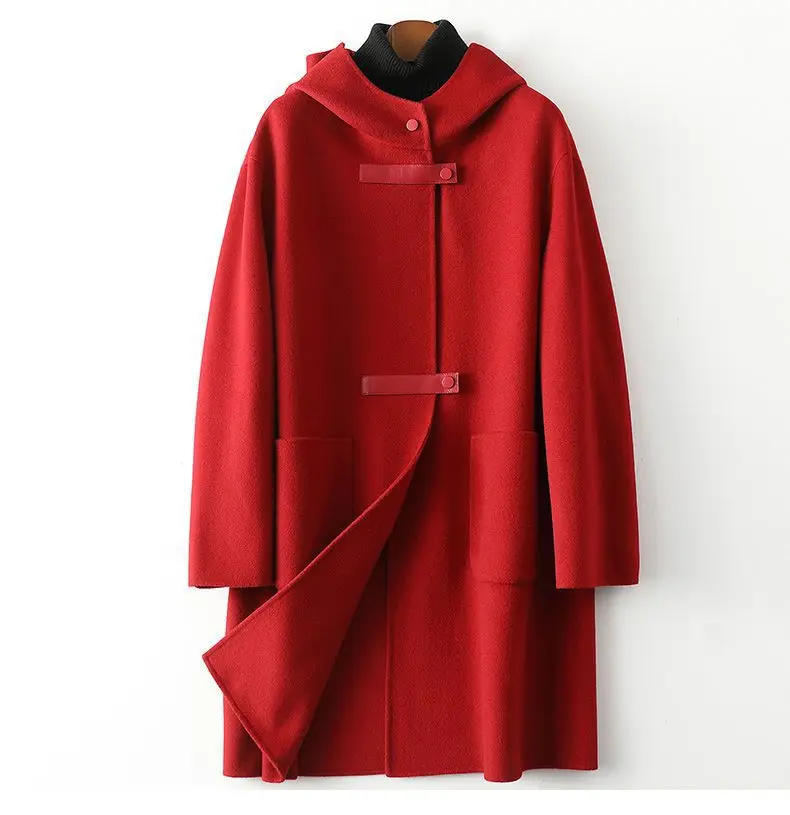 Neue Modische Doppelseitige POLYESTER-Jacke mit Kapuze für Damen Herbst Winter Doppelseitige Woll-Windjacke Eleganter Schlanker Wollmantel – Detail 7
