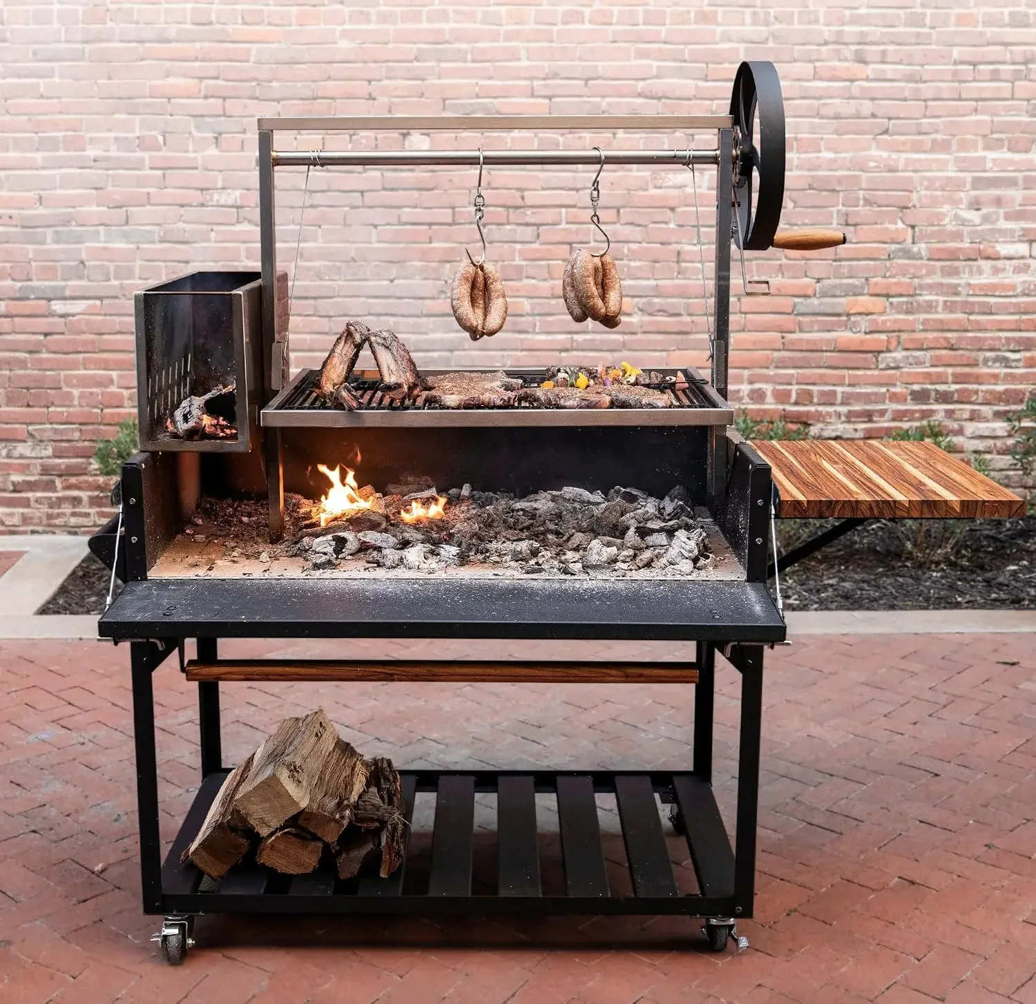 Argentine Santa Maria Wood Fire & Charcoal BBQ Grill with Brasero, Adjustable Grill Grates, Fire Bricks, Heavy-Duty Steel, S-Hoo