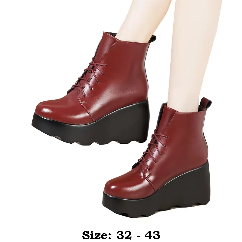 

high quality short ankle leather wedge boots for women 8cm high heel platform 2025 autumn winter 32 33 43 fashion shoe black red