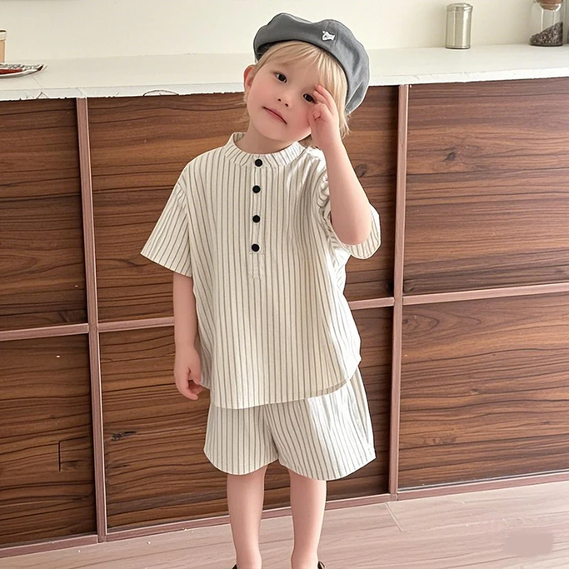 2025 Summer Thin Brother Sister Outfits Boy Children Cotton Short Sleeve T-shirt+Shorts 2pcs Girl Baby Striped Fly Sleeves Dress